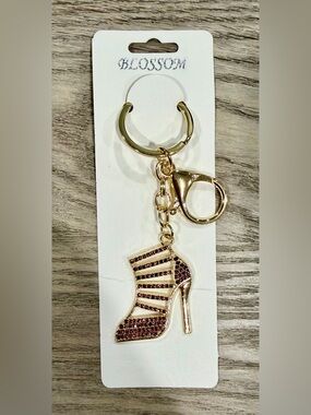 Gold High Heel Bootie Keychain with Pink  Rhinestones